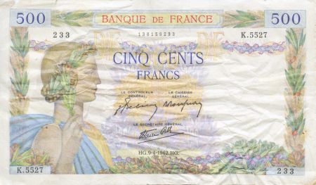France 500 Francs La Paix - 09-04-1942 Série K.5527 - TB
