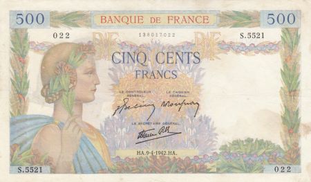 France 500 Francs La Paix - 09-04-1942 Série S.5521 - TTB