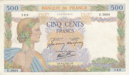 France 500 Francs La Paix - 09-04-1942 Série U.5604 - PTTB