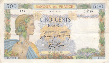 France 500 Francs La Paix - 10-09-1942 Série O.6749 - TTB