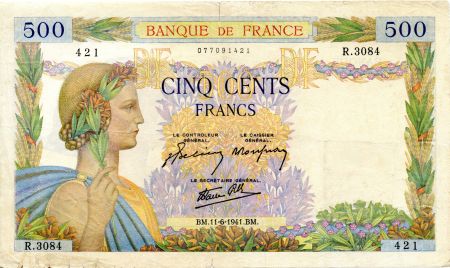 France 500 Francs La Paix - 11-06-1941 - Série R.3084 - TB+