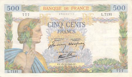 France 500 Francs La Paix - 15-10-1942 Série L.7131 - TTB