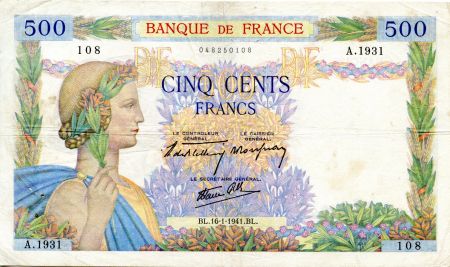 France 500 Francs La Paix - 16-01-1941 - Série A.1931 - TTB
