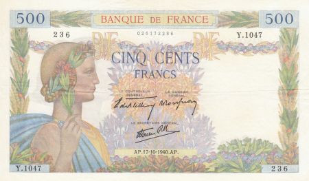 France 500 Francs La Paix - 17-10-1940 Série Y.1047 - SUP