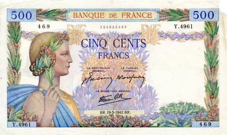 France 500 Francs La Paix - 19-03-1942 - Série Y.4961 - TB+