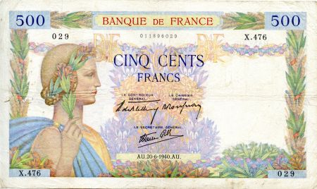 France 500 Francs La Paix - 20-06-1940 - Série X.476 - PTTB