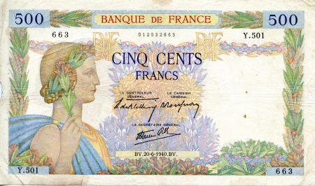 France 500 Francs La Paix - 20-06-1940 - Série Y.501 - TB+