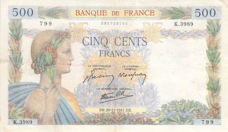 France 500 Francs La Paix - 20-11-1941 Série K.3989 - TTB