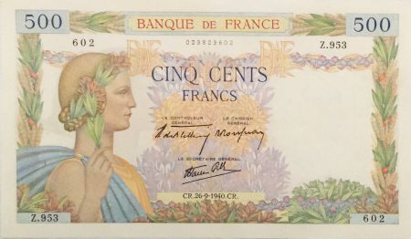 France 500 Francs La Paix - 26-09-1940 Série Z.953 - SUP