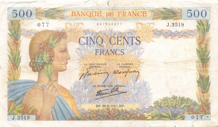 France 500 Francs La Paix - 28-08-1941 Série J.3519 - B