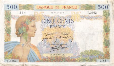 France 500 Francs La Paix - 28-08-1941 Série Y.3562 - TB