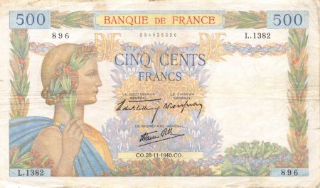 France 500 Francs La Paix - 28-11-1940 Série L.1382 - TB+