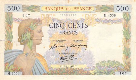 France 500 Francs La Paix - 29-01-1942 Série M.4556 - TB