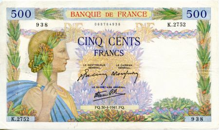 France 500 Francs La Paix - 30-04-1941 - Série K.2752 - TTB