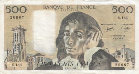 France 500 Francs Pascal - 02-07-1981 Série S.144 - TTB