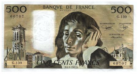 France 500 Francs Pascal - 04.08.1981 - Série G.139 - Fay.71.24