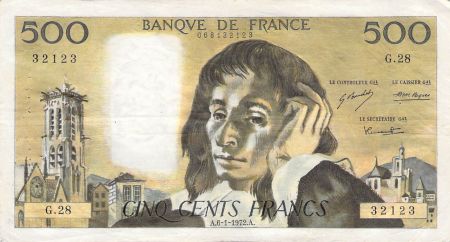 France 500 Francs Pascal - 06-01-1972 - Série G.28 - PTTB
