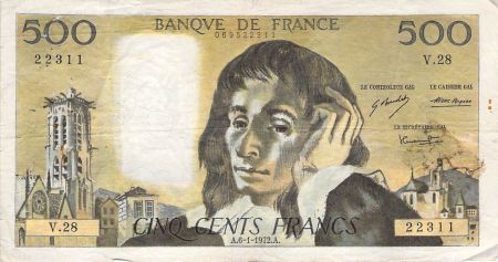 France 500 Francs Pascal - 06-01-1972 - Série V.28 - TB