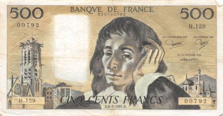 France 500 Francs Pascal - 08-01-1981 Série H.129 - TTB