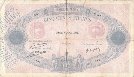 France 500 Francs Rose et Bleu - 02-06-1922 Série G.661 - B+