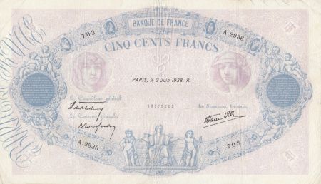 France 500 Francs Rose et Bleu - 02-06-1938 Serial A.2936 - TTB