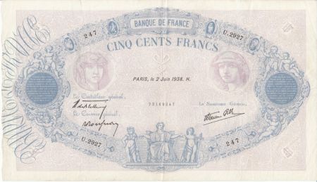 France 500 Francs Rose et Bleu - 02-06-1938 Série U.2927