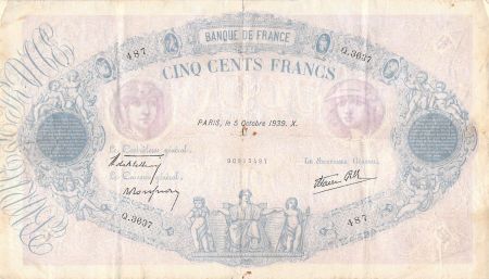 France 500 Francs Rose et Bleu - 05-10-1939 Série Q.3637 - TB