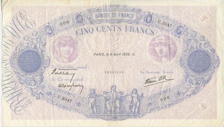 France 500 Francs Rose et Bleu - 06/04/1939 Série U3347