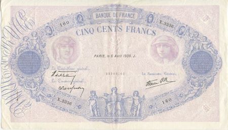 France 500 Francs Rose et Bleu - 06/04/1939 Série X3336