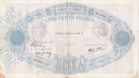 France 500 Francs Rose et Bleu - 09-02-1939 Série W.3220- TB +