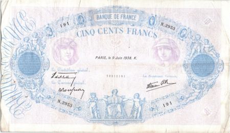 France 500 Francs Rose et Bleu - 09-06-1938 Série N.2953