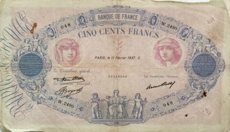 France 500 Francs Rose et Bleu - 11-02-1937 Série W.2490 - PTB