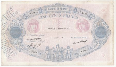 France 500 Francs Rose et Bleu - 11-03-1937 Série U.2526 - TB