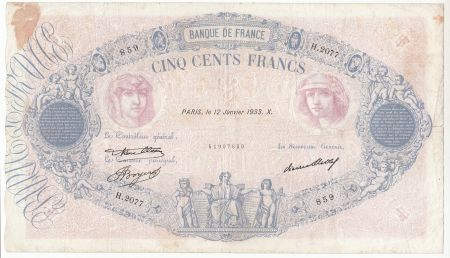 France 500 Francs Rose et Bleu - 12-01-1933 Série H.2077 - TB