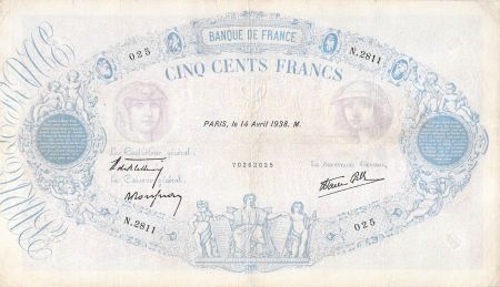 France 500 Francs Rose et Bleu - 14-04-1938 Série N.2811 - TB+