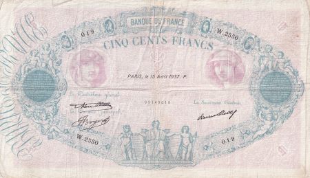 France 500 Francs Rose et Bleu - 15-04-1937 - Série W.2550