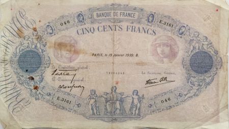 France 500 Francs Rose et Bleu - 19-01-1939 Série E.3161 - TB