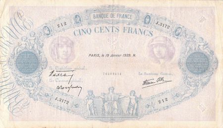France 500 Francs Rose et Bleu - 19-01-1939 Série J.3172 - TB