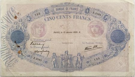 France 500 Francs Rose et Bleu - 19-01-1939 Série Z.3181 - TB