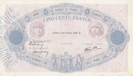 France 500 Francs Rose et Bleu - 19-10-1939 Serial S.3679 - TTB