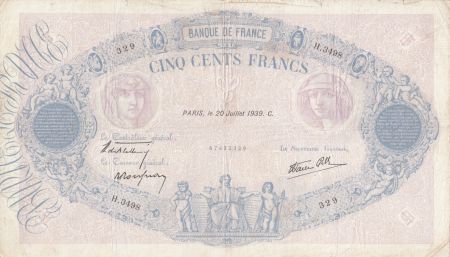 France 500 Francs Rose et Bleu - 20-07-1939 Serial H.3498 - TTB