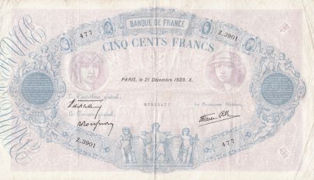 France 500 Francs Rose et Bleu - 21-12-1939 Série Z.3901