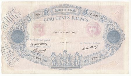 France 500 Francs Rose et Bleu - 23-04-1936 Série F.2266 - joli TB