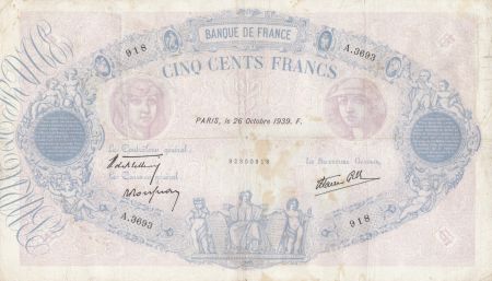 France 500 Francs Rose et Bleu - 26-10-1939 - Série A.3693 - TB