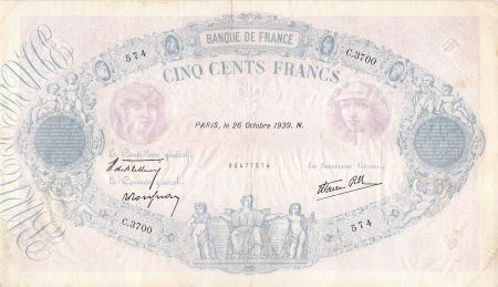 France 500 Francs Rose et Bleu - 26-10-1939 Série C.3700 - TB+