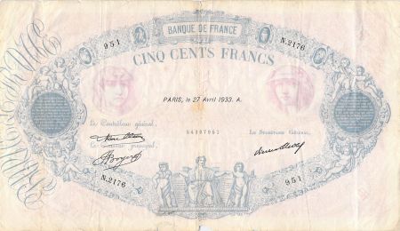 France 500 Francs Rose et Bleu - 27-04-1933 Série N.2176 - PTB