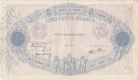 France 500 Francs Rose et Bleu - 28-09-1939 Série F.3594