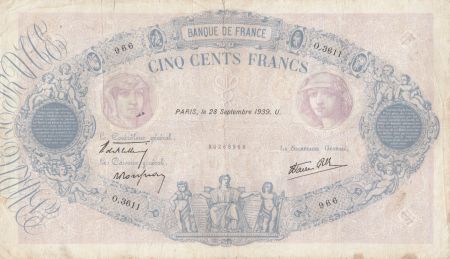 France 500 Francs Rose et Bleu - 28-09-1939 Série O.3611