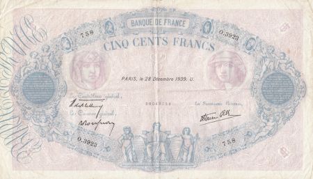 France 500 Francs Rose et Bleu - 28-12-1939 Série O.3923
