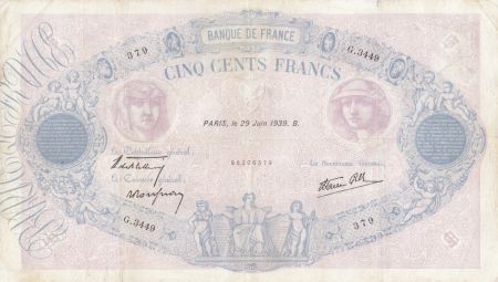 France 500 Francs Rose et Bleu - 29-06-1939 - Série G.3449 - TB+